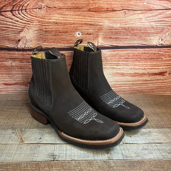 MEN LEATHER WESTERN COWBOY RODEO CHELSEA ANKLE HALF BOOTS BOTIN VAQUERO CAFE - Picture 3 of 10